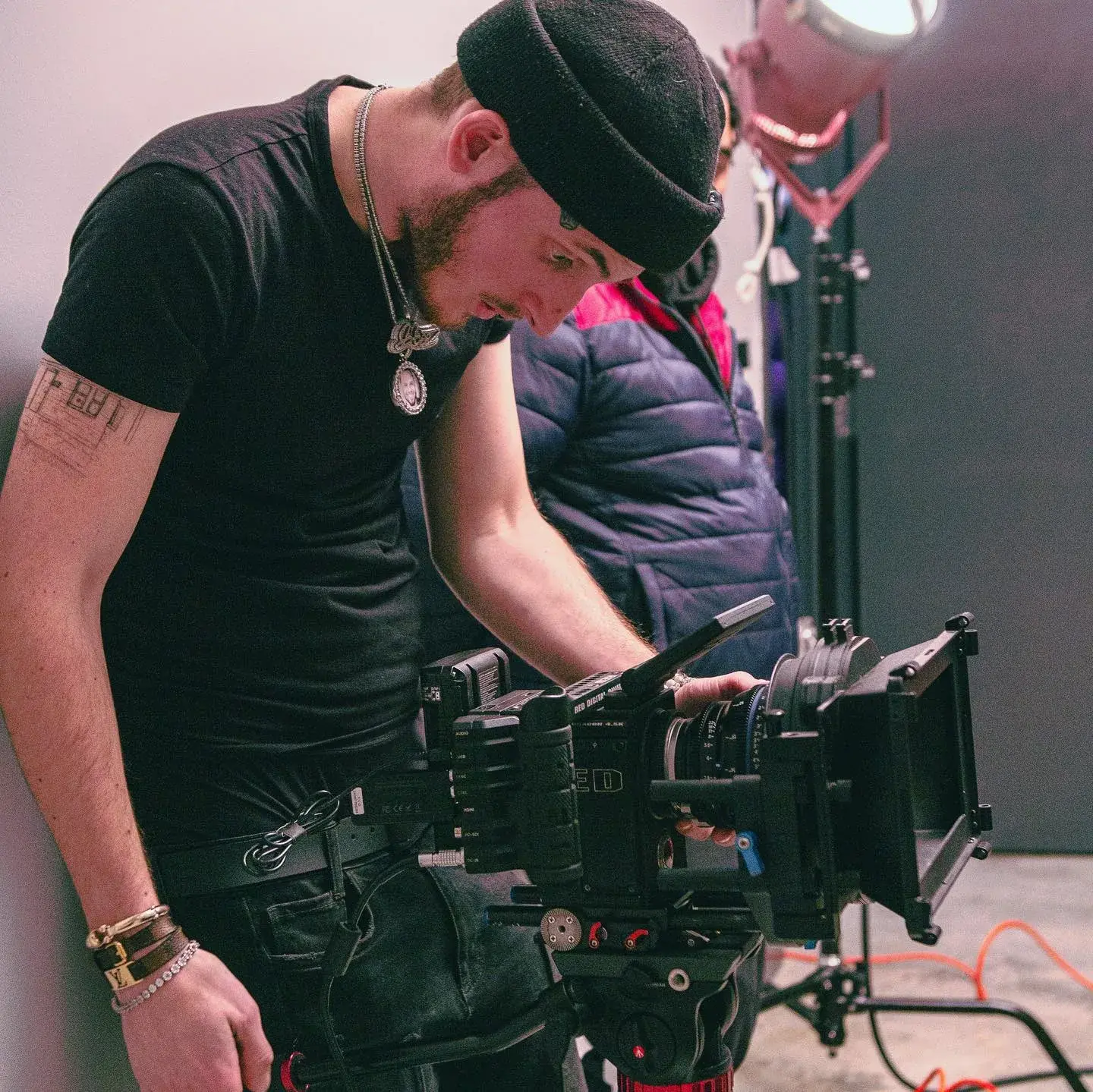Setting the matte box on a cinema build